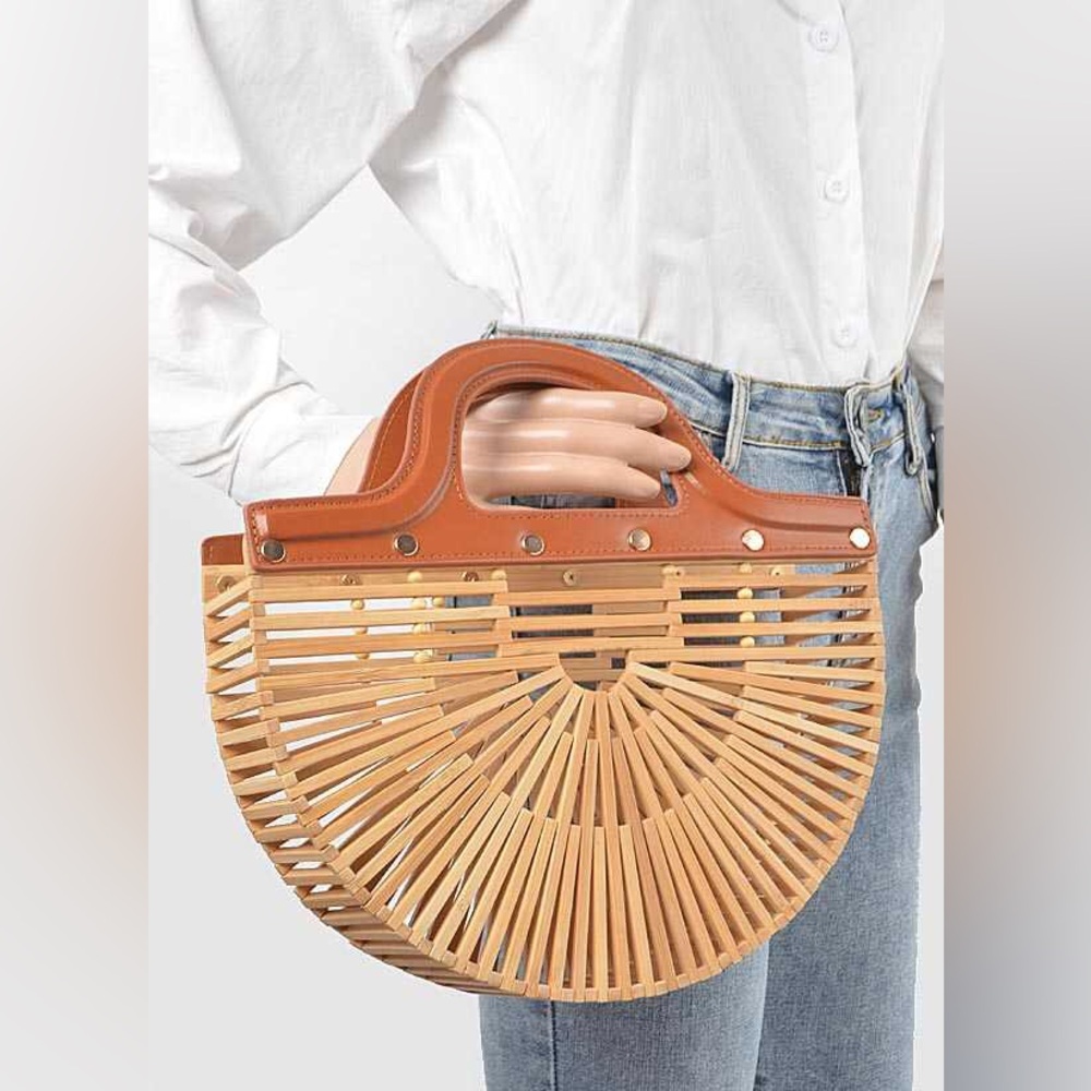 Vegan Leather Top Handle Bamboo Clutch